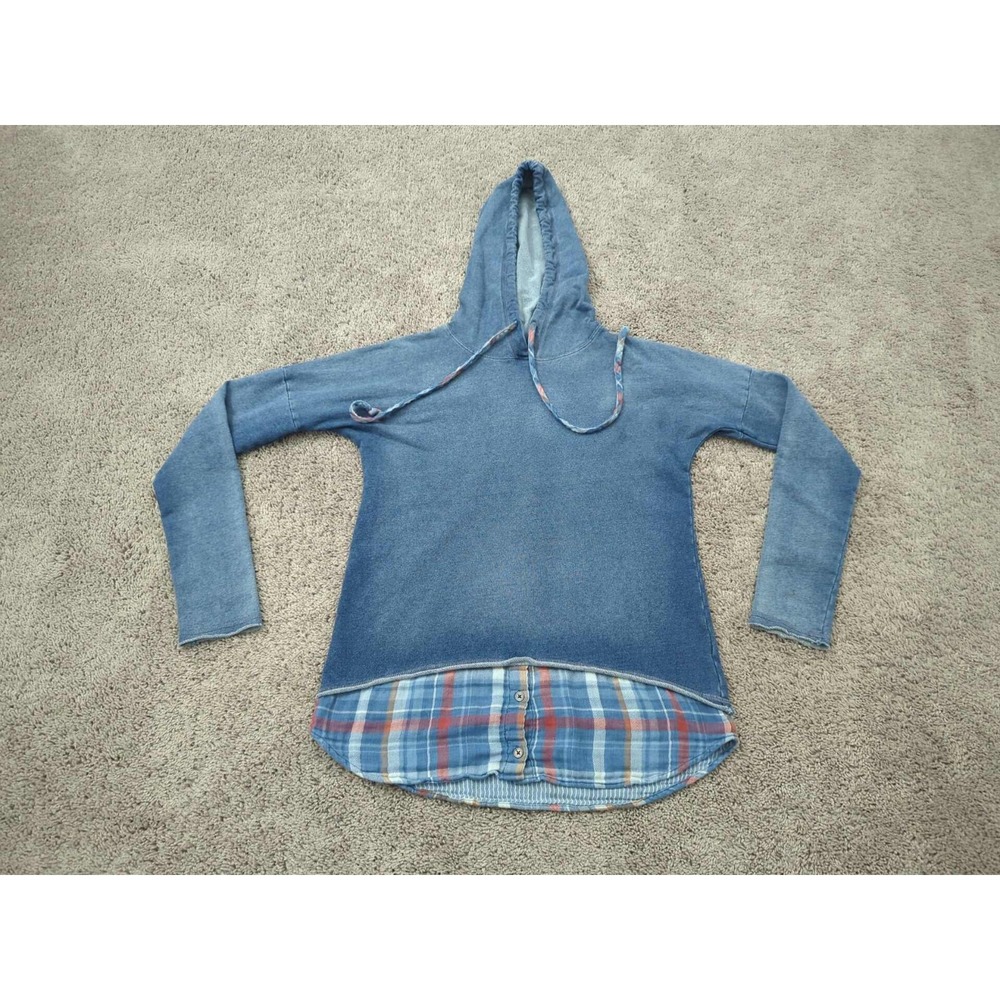 Cloth & Stone Hoodie Womens Small Blue Pullover Plaid Shirt Hem Casual